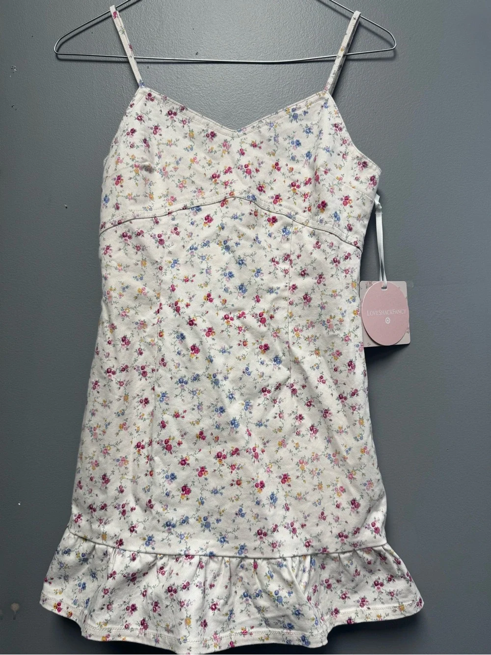 LoveShackFancy White Floral dress Ruffle Hem youth size 12 denim side pockets